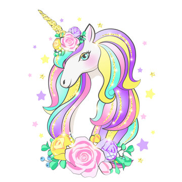 Unicorn with long multi-colored curls and a horn in glitter and flowers on an isolated background