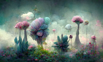 dreamy surreal fantasy flowers landscape, pastel colours, desaturated, digital illustration - 523836622