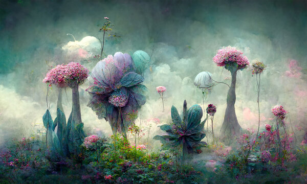 Fototapeta dreamy surreal fantasy flowers landscape, pastel colours, desaturated, digital illustration