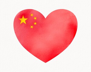 China  flag with  heart shape watercolor  brush paint textured