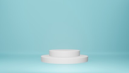 White minimal podium with blue scene background, mock up, geometry shape platform for product display, modern stage. 3D render illustration.