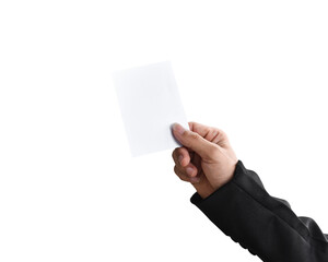 Hand holding white paper isolated on transparent background - PNG format.