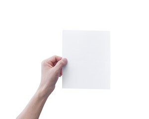 Hand holding white paper isolated on transparent background - PNG format.