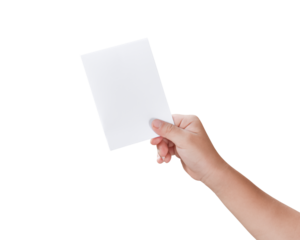 Hand holding white paper isolated on transparent background - PNG format.