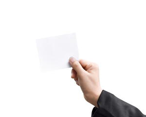 Fototapeta premium Hand holding white paper isolated on transparent background - PNG format.