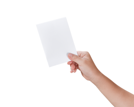 Hand holding white paper isolated on transparent background - PNG format.