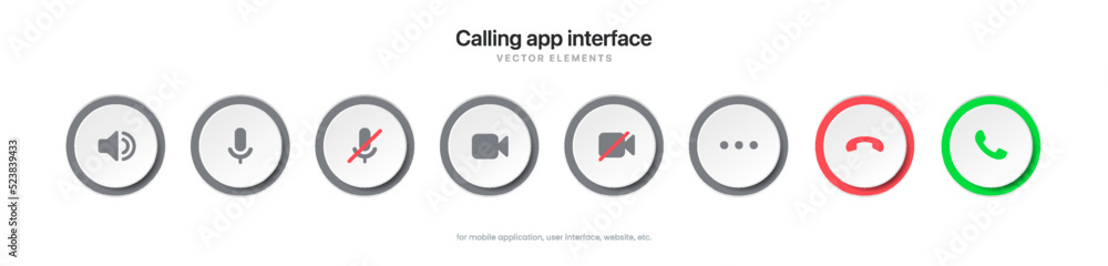 Aufkleber 3d phone calling icon set. Streaming icon set. Video call buttons set. Collection of internet conversation buttons. A set of video communication elements. Call screen interface. Stock vector EPS10