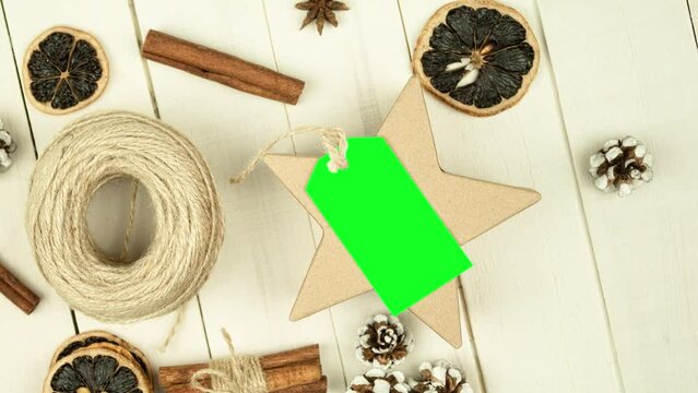 Box with twine and tag, background with copy space