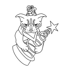 Coloring page. Isolated illustration of an angry, displeased cat with a Christmas tree. New year, Grinch in the form of a cat as a blank for a designer, logo, icon