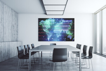 Abstract creative world map on tv display in a modern presentation room, globalization concept. 3D Rendering