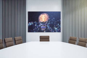Light bulb hologram with human brain on presentation tv screen in a modern meeting room, idea and brainstorming concept. 3D Rendering