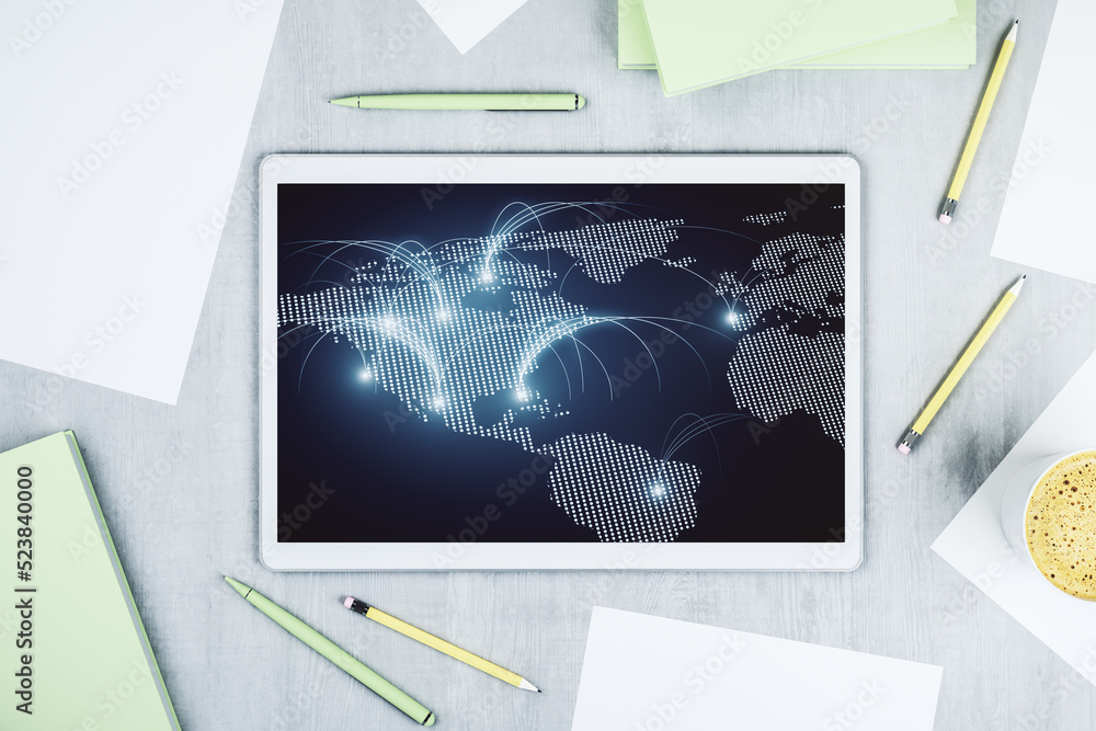 Poster Top view of modern digital tablet monitor with abstract world map with connections, research and strategy concept. 3D Rendering
