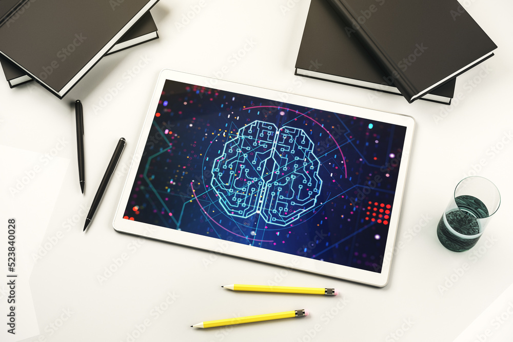 Poster creative artificial intelligence concept with human brain hologram on modern digital tablet screen. 