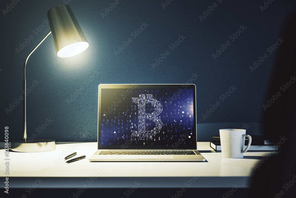 Poster Modern computer display with creative Bitcoin symbol hologram. Mining and blockchain concept. 3D Rendering