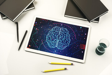 Creative artificial Intelligence concept with human brain hologram on modern digital tablet screen. Top view. 3D Rendering