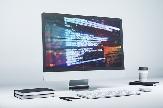 Abstract creative coding illustration on modern computer monitor, software development concept. 3D Rendering