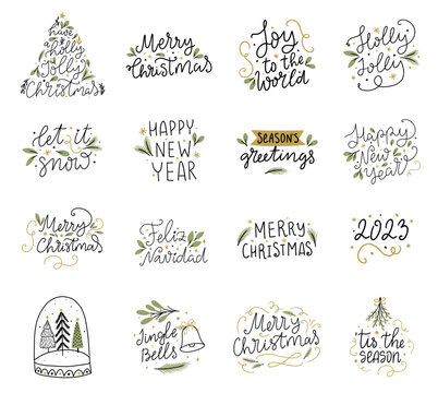 Set of line art Christmas holidays hand written lettering typography phrase, hand drawn quotes for banner, poster, card design.