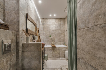 Modern Japandi bathroom interior design in earth tones, natural textures with wooden solid oak...