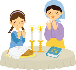Jewish mother and daughter blessing for the candles on Shabbat (Saturday eve).