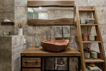 Modern Japandi bathroom interior design in earth tones, natural textures with wooden solid oak...