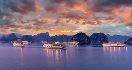 Landscape with amazing Halong bay at sunrise, Vietnam