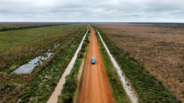 Aereal van camper view in Esteros del Ibera National Park Argentina