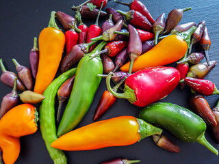 Colorful chili peppers and spices. Assortment of fresh and dryed peppers: cayenne, Charleston Hot,...
