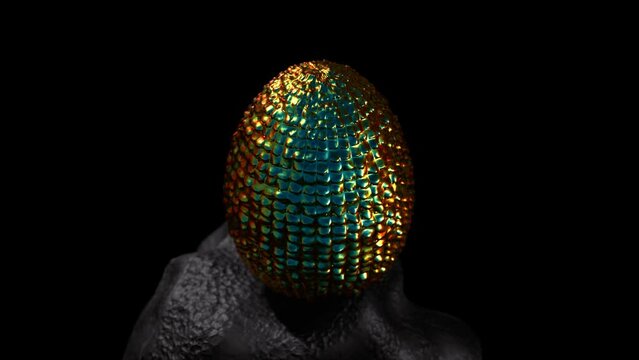 Colorful dragon egg on the rock on black background 3D 4K loop-able animation with copy space
