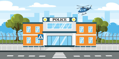 Vector illustration of modern police station. Cartoon urban buildings with landing helicopters, fences, trees and a city in the background.