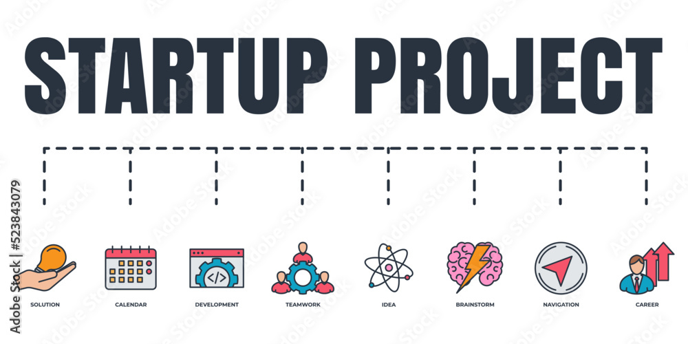 Poster startup project and development banner web icon set. solution, brainstorm, calendar, idea, developme