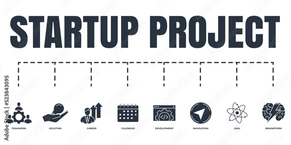 Poster startup project and development banner web icon set. solution, brainstorm, calendar, idea, developme