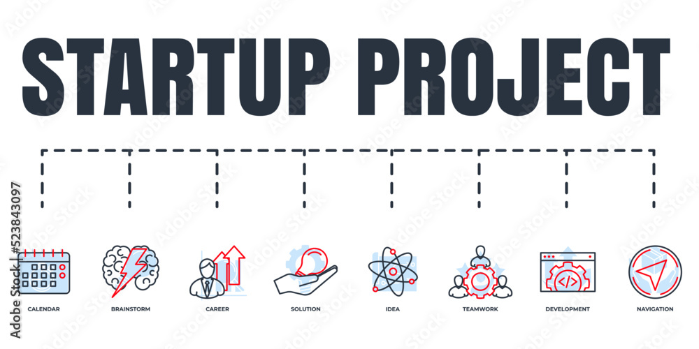 Poster startup project and development banner web icon set. solution, brainstorm, calendar, idea, developme
