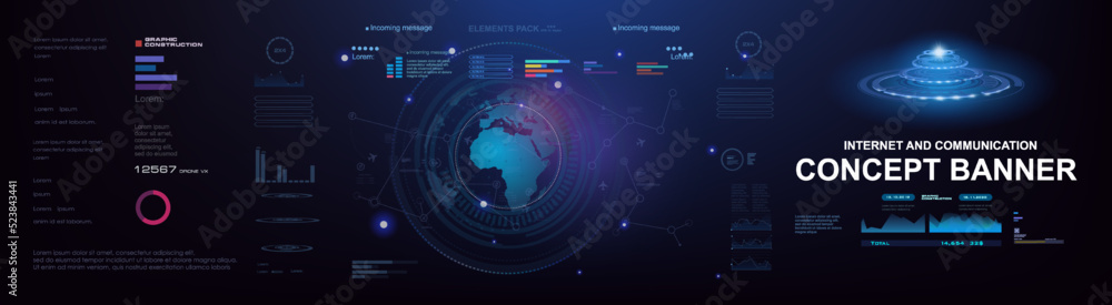 Poster concept banner with hud elements. planet earth on futuristic cyber background. process of exchanging