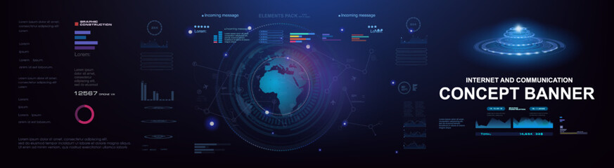 Concept banner with HUD elements. Planet earth on futuristic cyber background. Process of exchanging information and data through the global Internet. Advanced internet technologies and communications