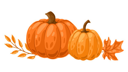 Background with pumpkins and leaves. Decorative image of autumn vegetable and plant.