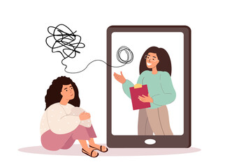 Woman on psychologist online session.Woman talks about her problems to a therapist through a video call.The psychologist records the client complaints and helps to understand the situation.Vector Flat - obrazy, fototapety, plakaty