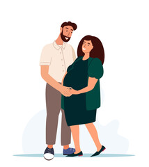 Fototapeta premium Happy Family.Young happy couple.Loving smiling woman and man. Pregnant wife and her husband hug each other together. Vector flat design illustration. Cartoon character isolated on white bachground