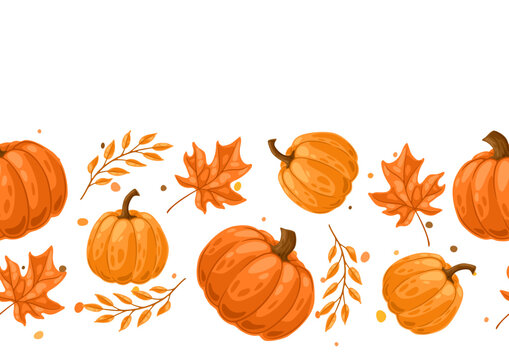 Seamless pattern with pumpkins and leaves. Decorative image of autumn vegetable and plant.