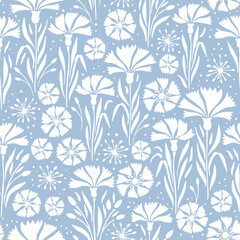 Fototapeta na wymiar Vector seamless pattern background with hand drawn cornflowers on baby blue background
