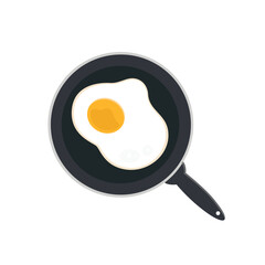 Flat vector Black Frying Pan with with Fried Egg, Omelet Inside Isolated on White Background. Breakfast Concept. Design Template, Mockup. Top View