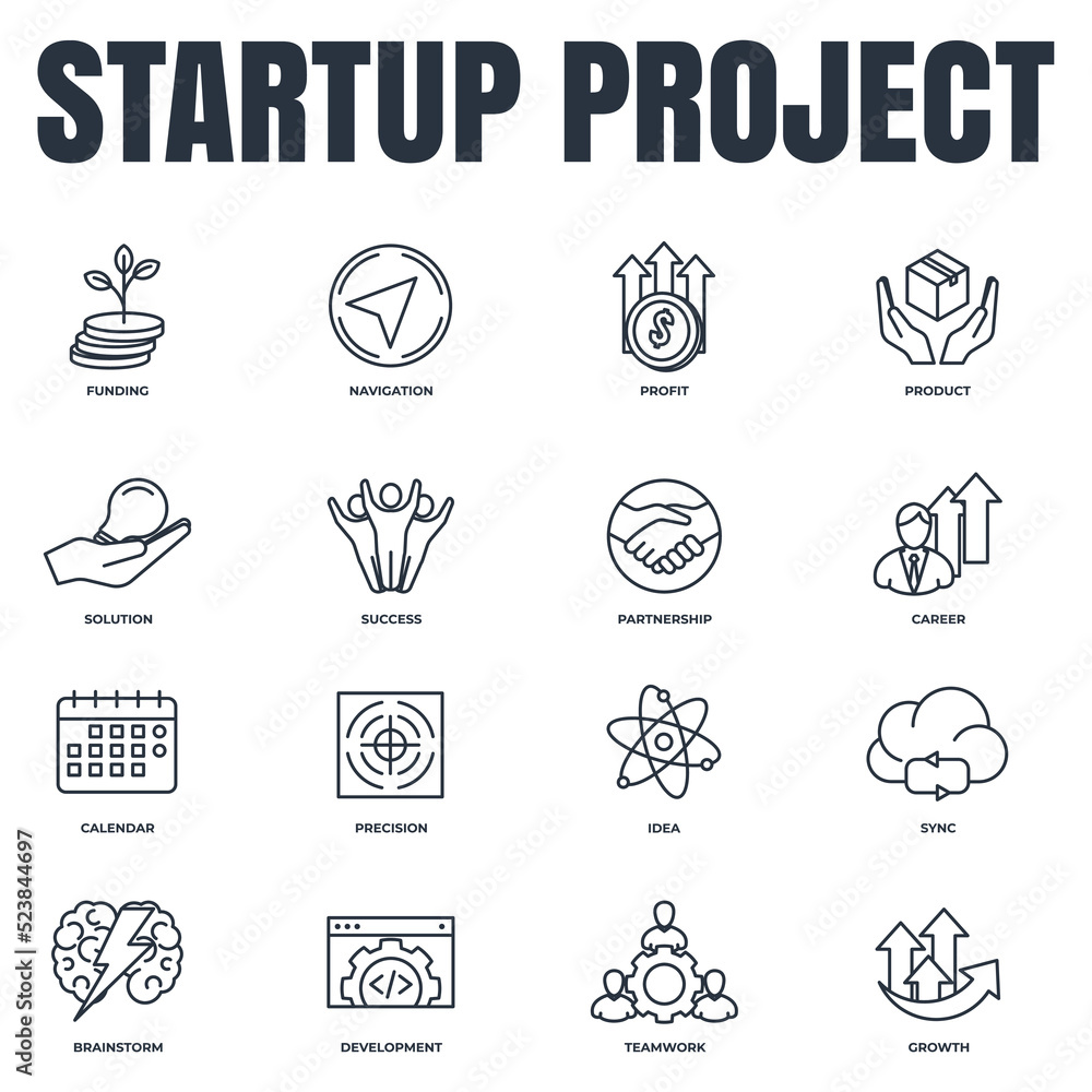 Poster set of startup project icon logo vector illustration. development pack symbol template for graphic a