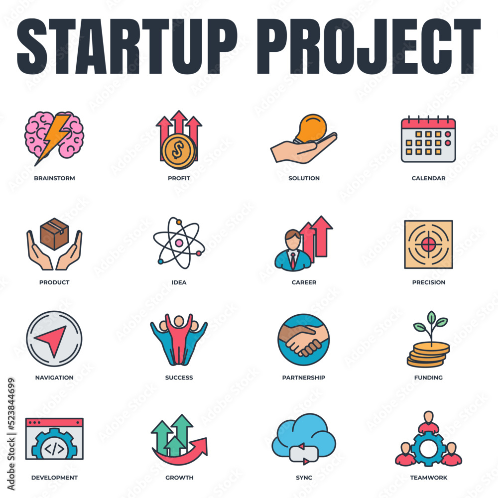 Poster set of startup project icon logo vector illustration. development pack symbol template for graphic a
