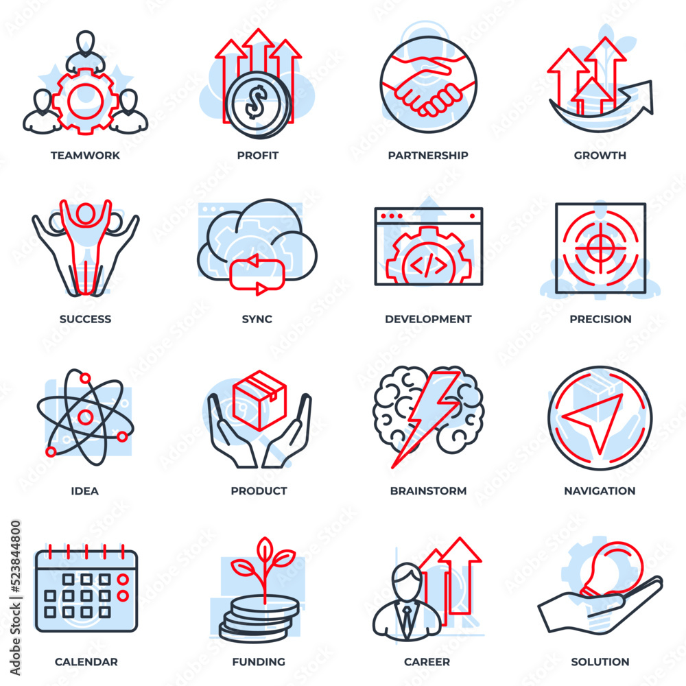Poster set of startup project icon logo vector illustration. development pack symbol template for graphic a
