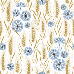 Vector seamless pattern background with hand drawn cornflowers and wheat crops
