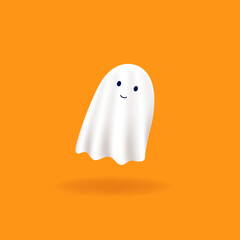 realistic 3d white ghost for halloween on orange background. halloween cartoon character. cute white ghost