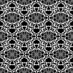 seamless graphic pattern, floral white ornament tile on black background, texture, design