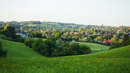 European countryside landscape with hills, meadow trees and houses