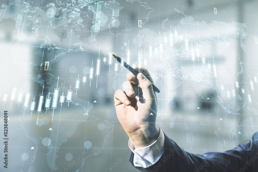 Poster multi exposure of trader hand with pen working with virtual abstract financial chart and world map o