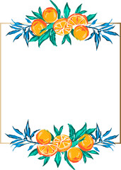 Hand drawn wreath of summer Oranges fruit branch ,leaves frame