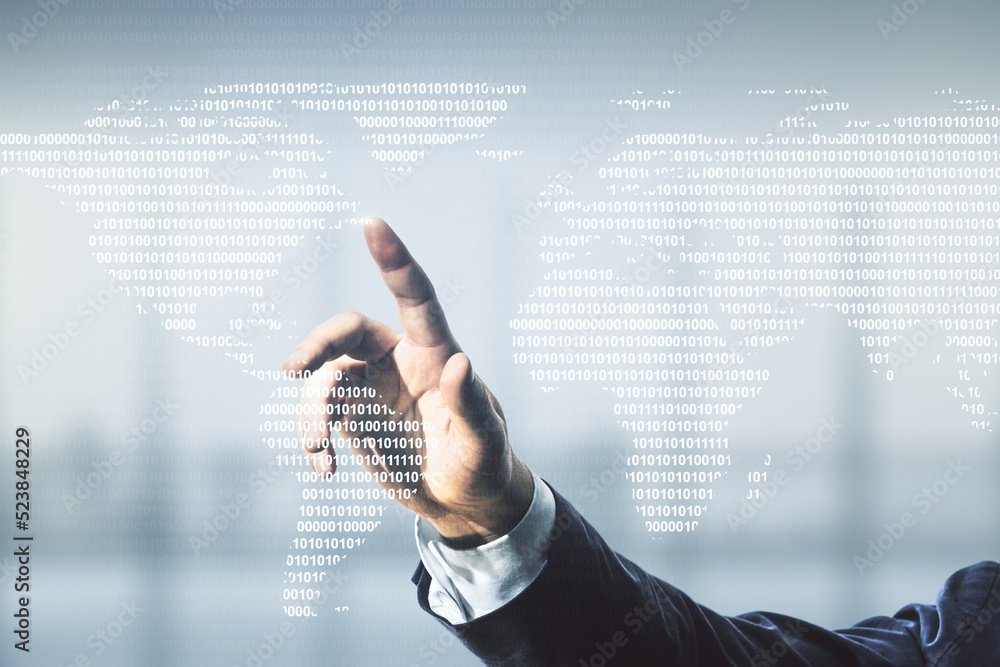 Poster double exposure of man hand working with abstract digital world map hologram on blurred office backg